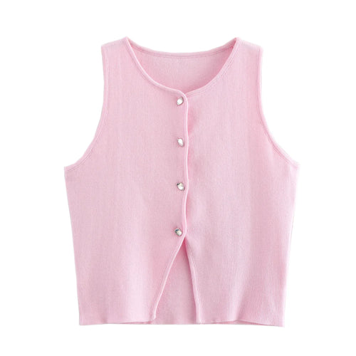 TRAF White Knit Crop Top Women Button Short
