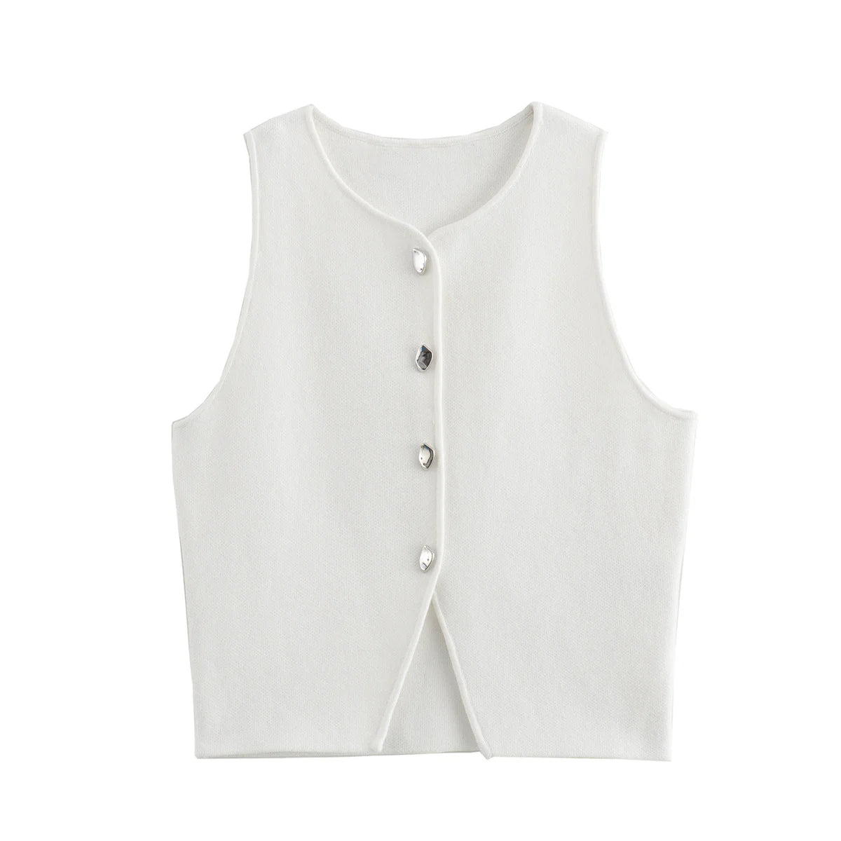 TRAF White Knit Crop Top Women Button Short
