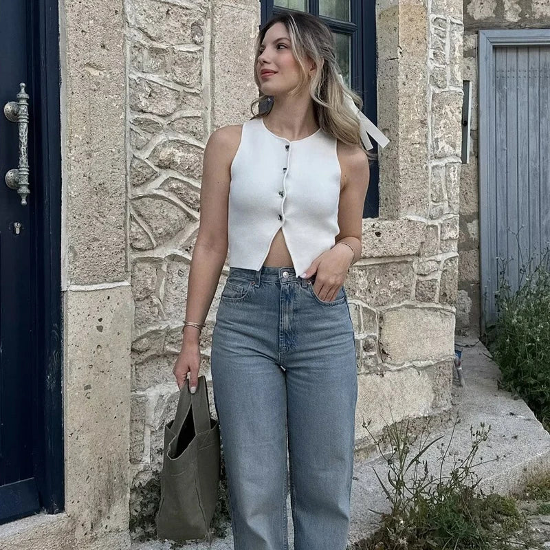 TRAF White Knit Crop Top Women Button Short