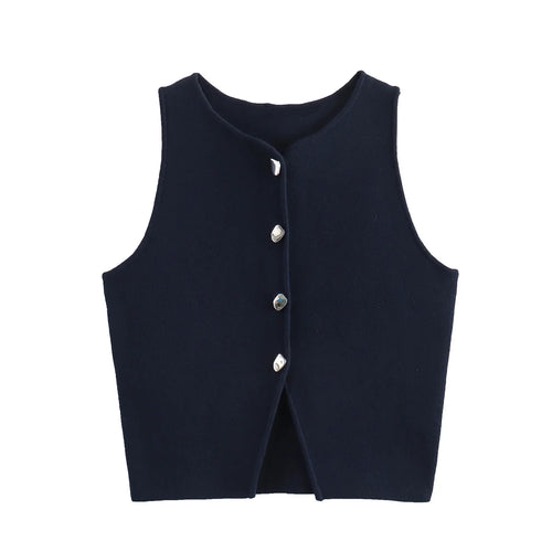 TRAF White Knit Crop Top Women Button Short