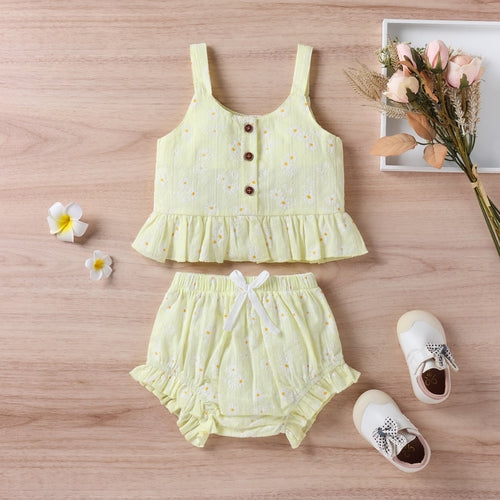 Baby Girl Floral Print Ruffle Hem Design Tops Combo Shorts Sets