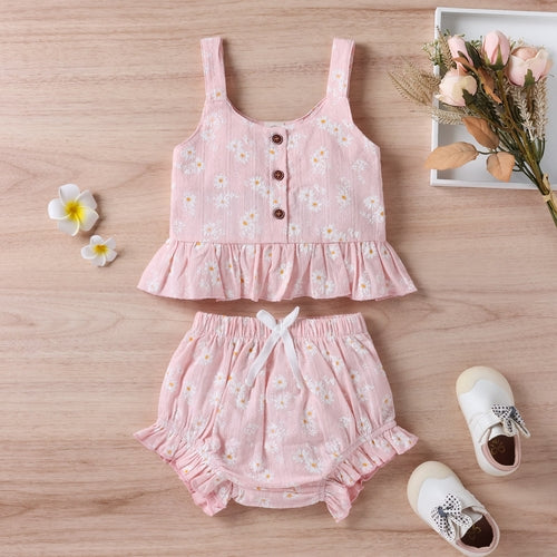 Baby Girl Floral Print Ruffle Hem Design Tops Combo Shorts Sets