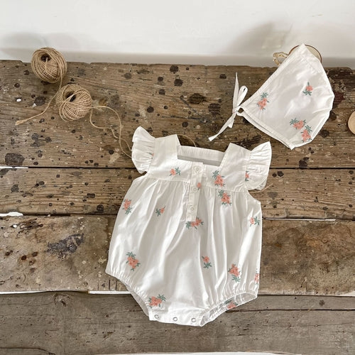 Baby Girl Floral Print Flutter Sleeve Square Collar Onesie With Hat