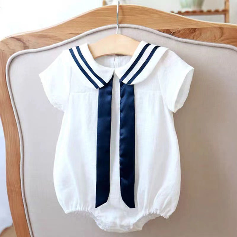 Baby Girl Solid Color Neck Striped Pattern Japan Style Navy Onesies