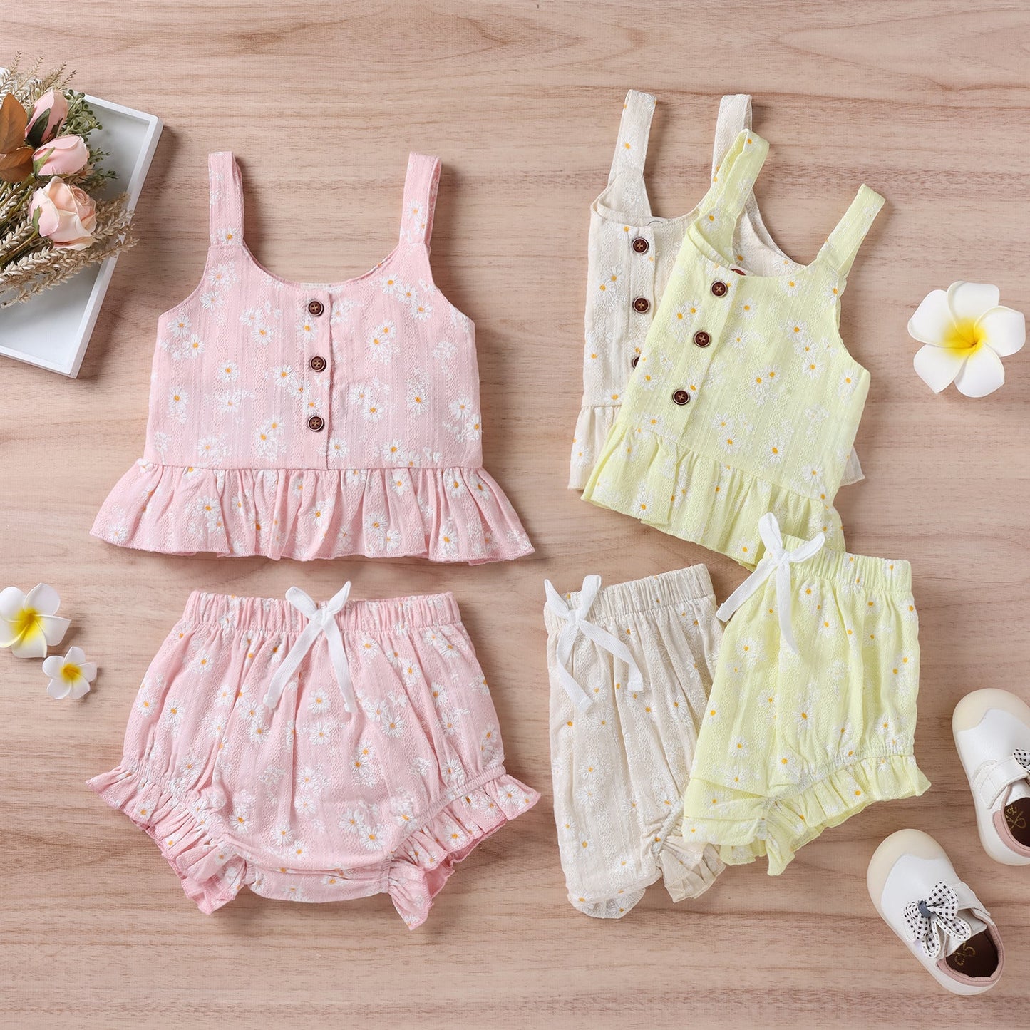 Baby Girl Floral Print Ruffle Hem Design Tops Combo Shorts Sets