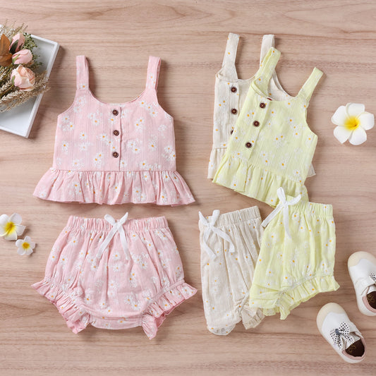 Baby Girl Floral Print Ruffle Hem Design Tops Combo Shorts Sets