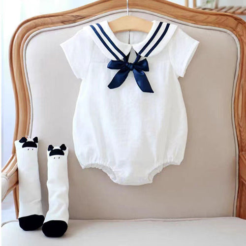 Baby Girl Solid Color Neck Striped Pattern Japan Style Navy Onesies