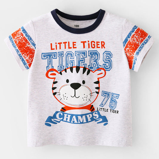 Baby Boy Animal Print Neck Color Matching Design T-Shirt In Summer