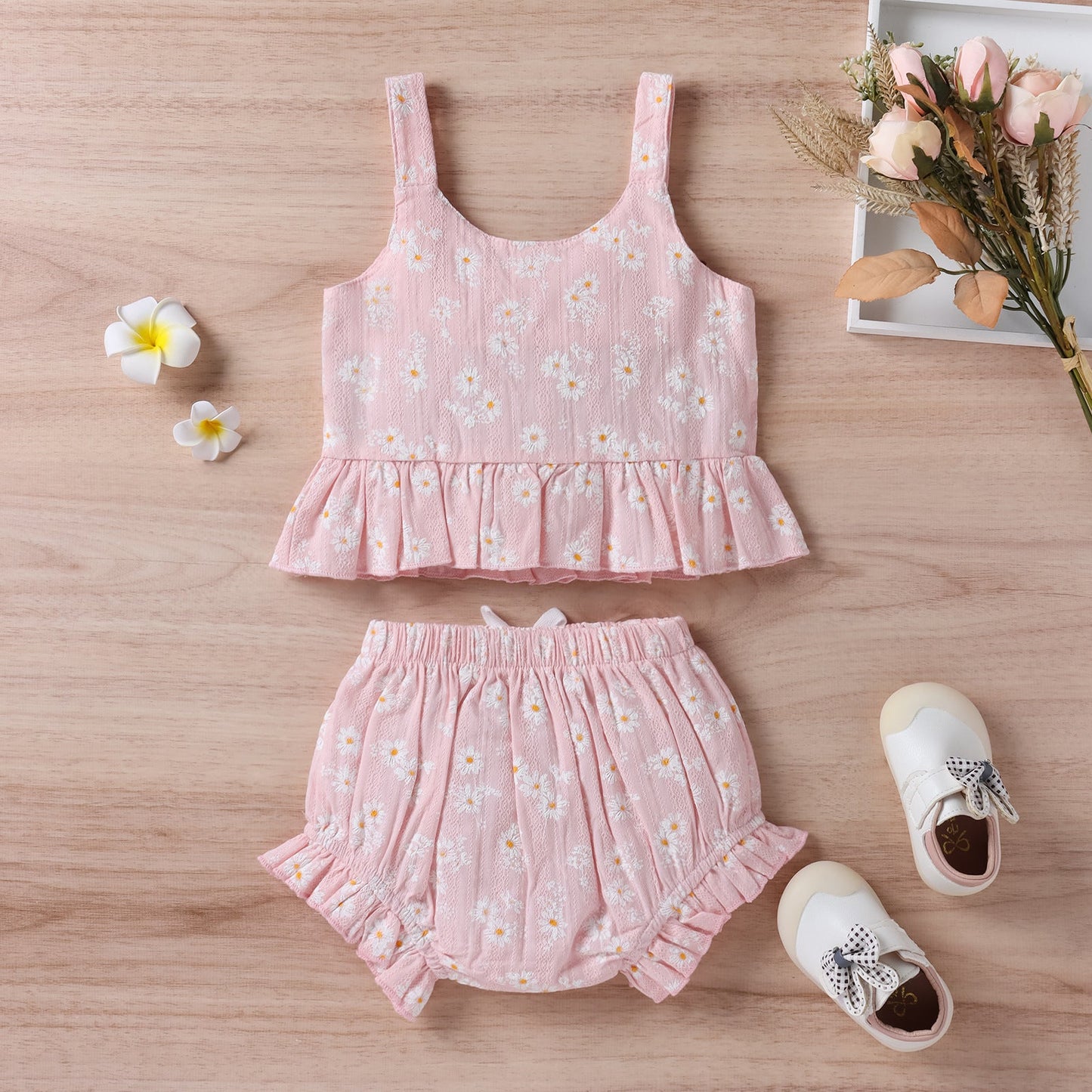 Baby Girl Floral Print Ruffle Hem Design Tops Combo Shorts Sets